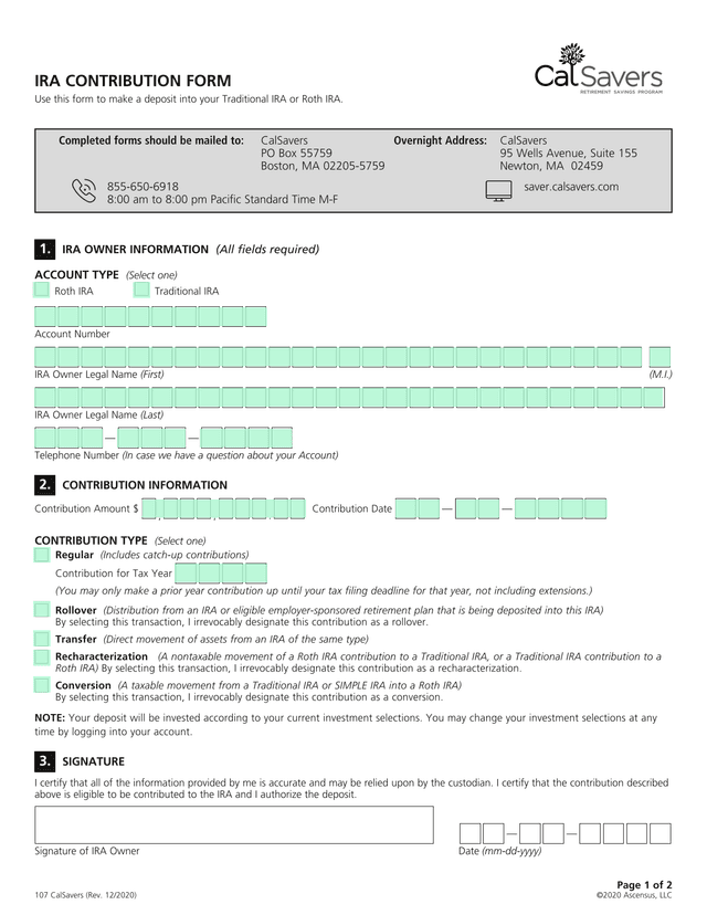 IRA Contribution Form screenshot