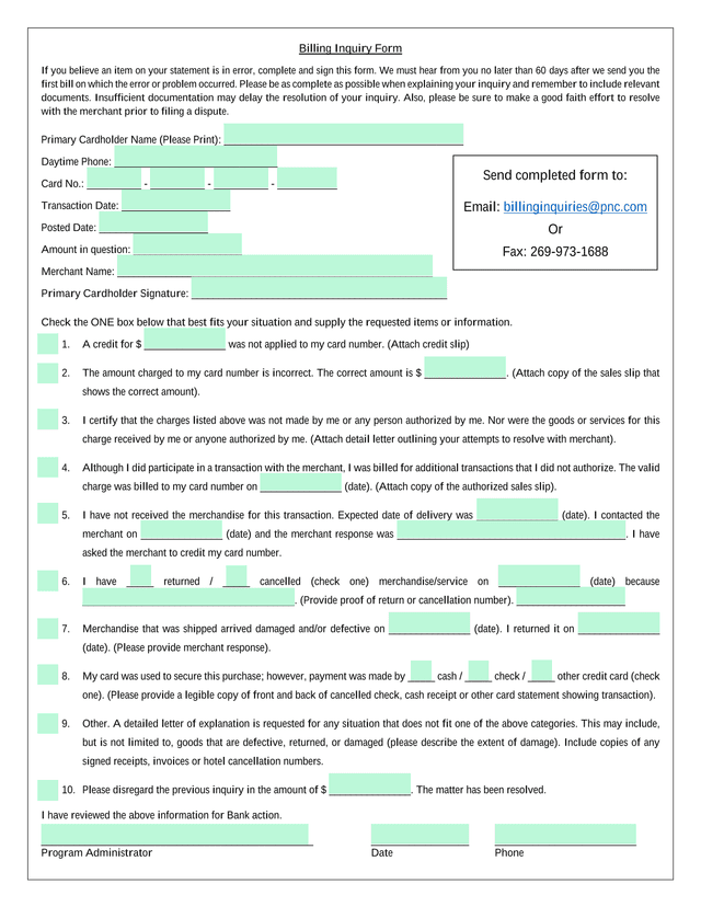 Billing Inquiry Form screenshot