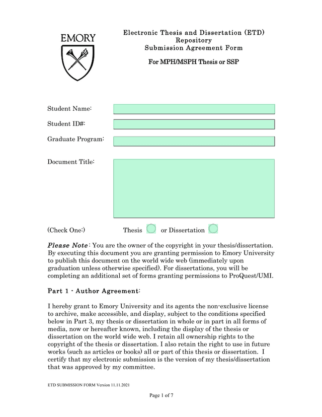 Electronic Thesis And Dissertation (ETD) Repository Submission Agreement Form screenshot