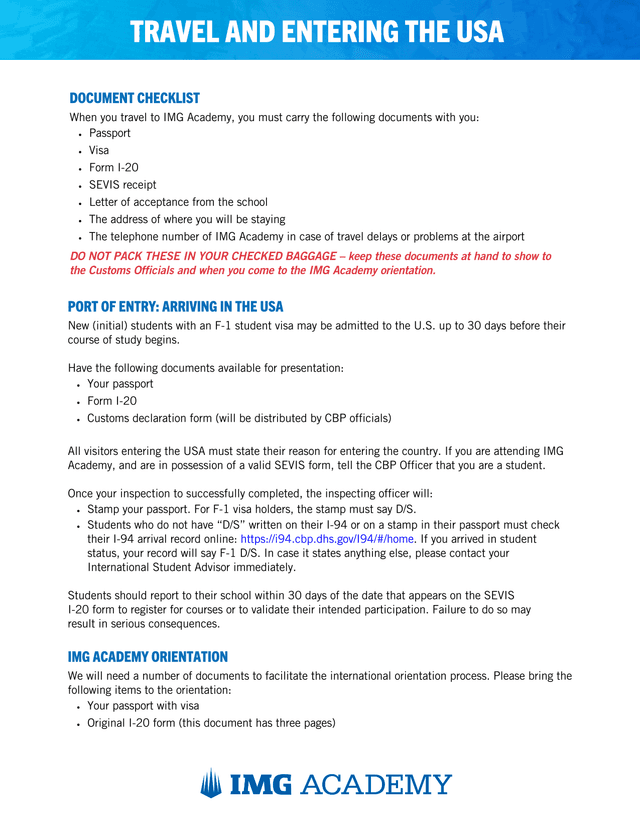 Travel And Entering The USA For IMG Academy screenshot