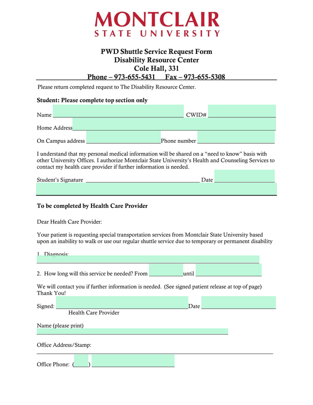 PWD Shuttle Service Request Form screenshot