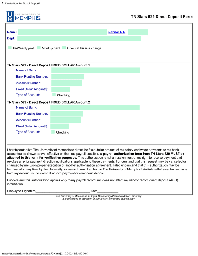 TN Stars 529 Direct Deposit Form screenshot