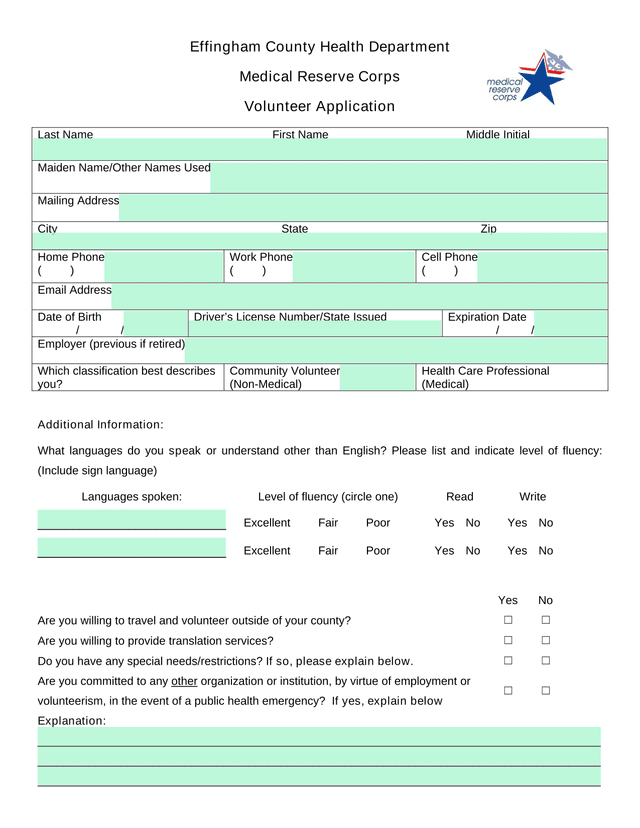 Medical Reserve Corps Volunteer Application screenshot