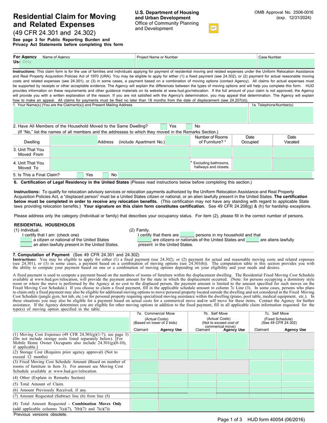Residential Claim For Moving And Related Expenses screenshot