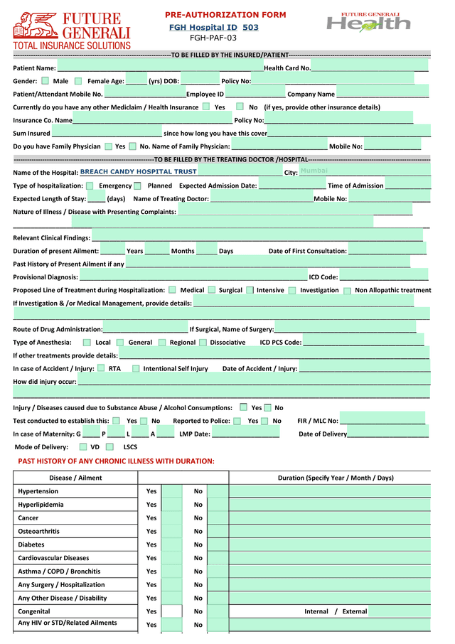 Pre Authorization Form screenshot