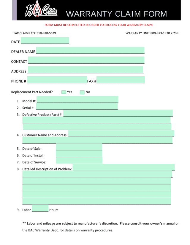 WARRANTY CLAIM FORM screenshot