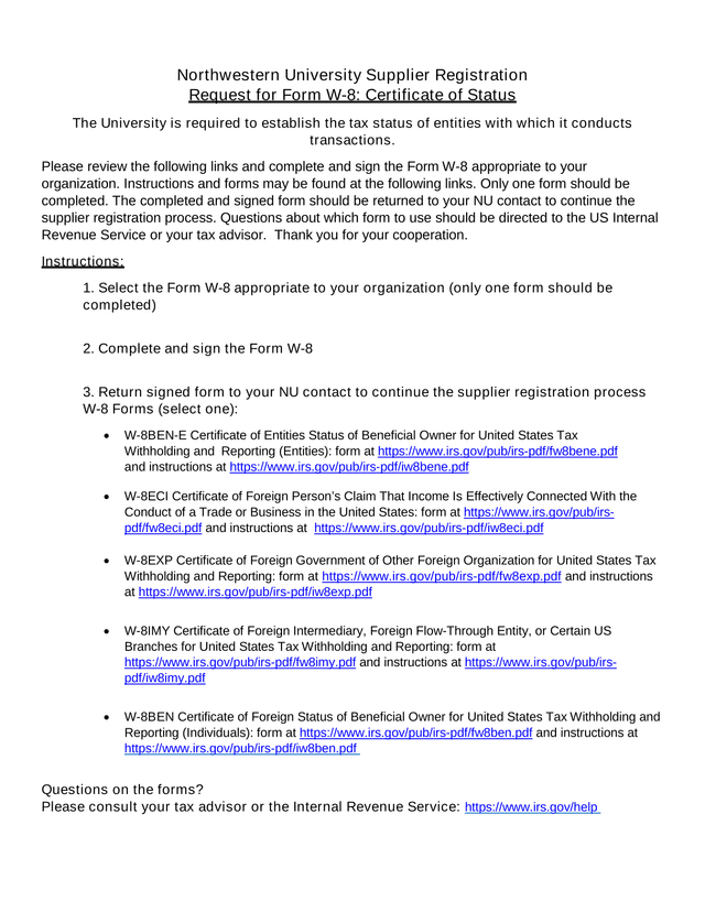 Northwestern University Supplier Registration Request For Form W 8 Certificate Of Status screenshot