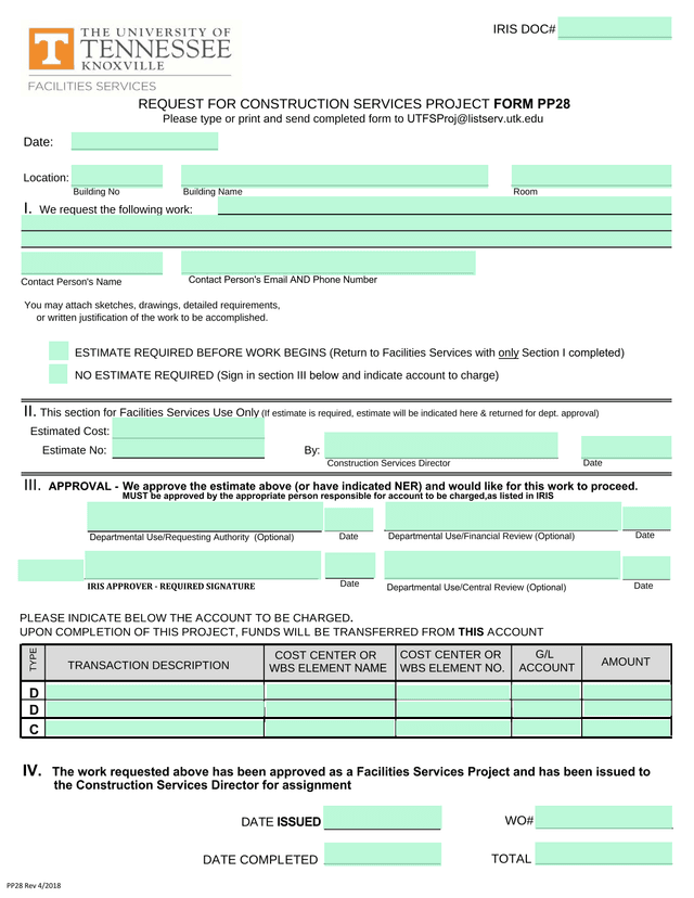 REQUEST FOR CONSTRUCTION SERVICES PROJECT FORM PP28 screenshot