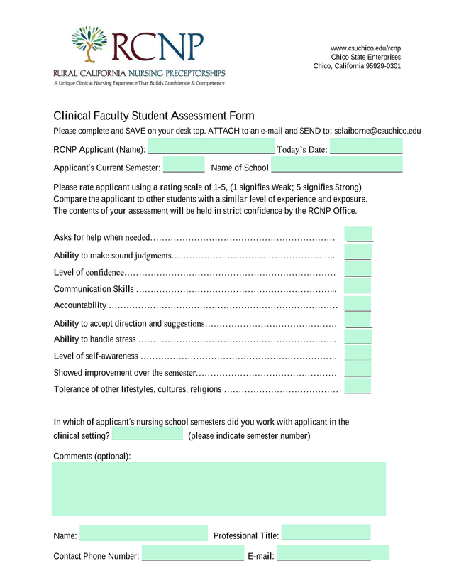 Clinical Faculty Student Assessment Form screenshot