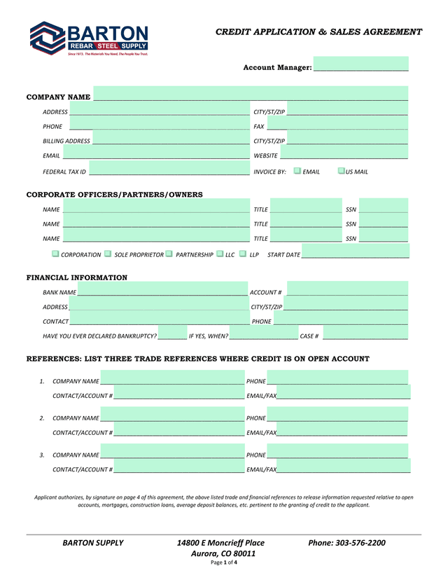 CREDIT APPLICATION  SALES AGREEMENT screenshot