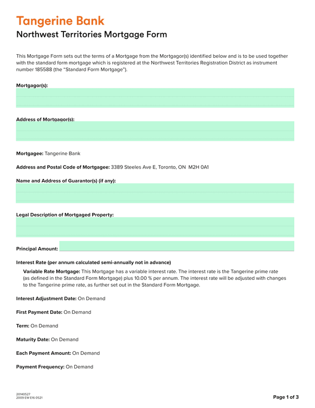 Northwest Territories Mortgage Form screenshot
