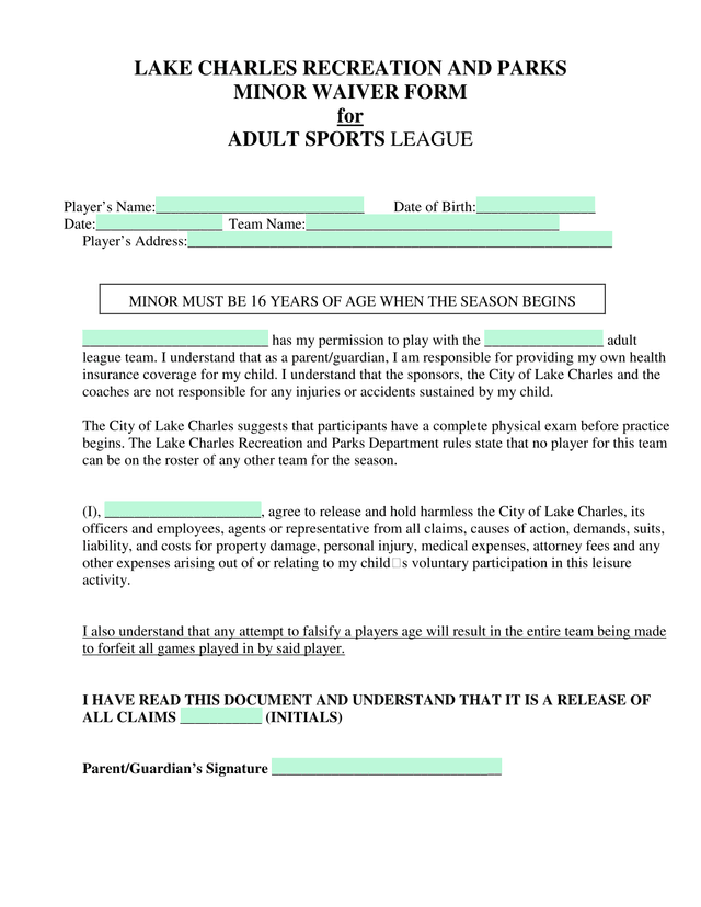 Lake Charles Recreation And Parks Minor Waiver Form For Adult Sports League screenshot