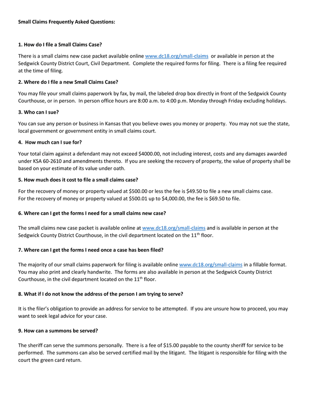 Small Claims Frequently Asked Questions screenshot