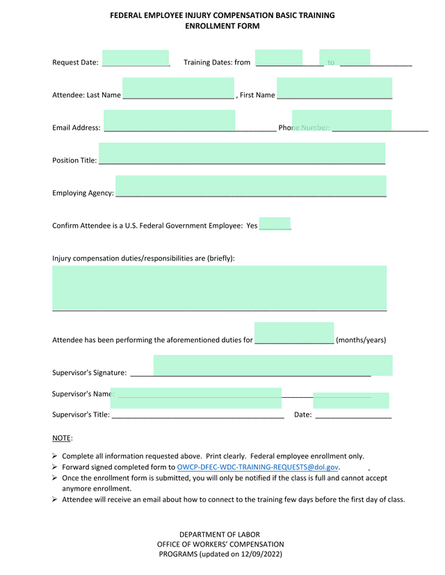 Federal Employee Injury Compensation Basic Training Enrollment Form screenshot