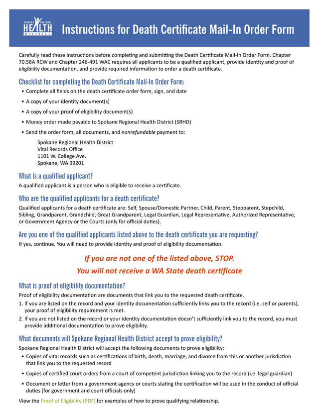 Death Certificate Mail In Order Form Instructions screenshot