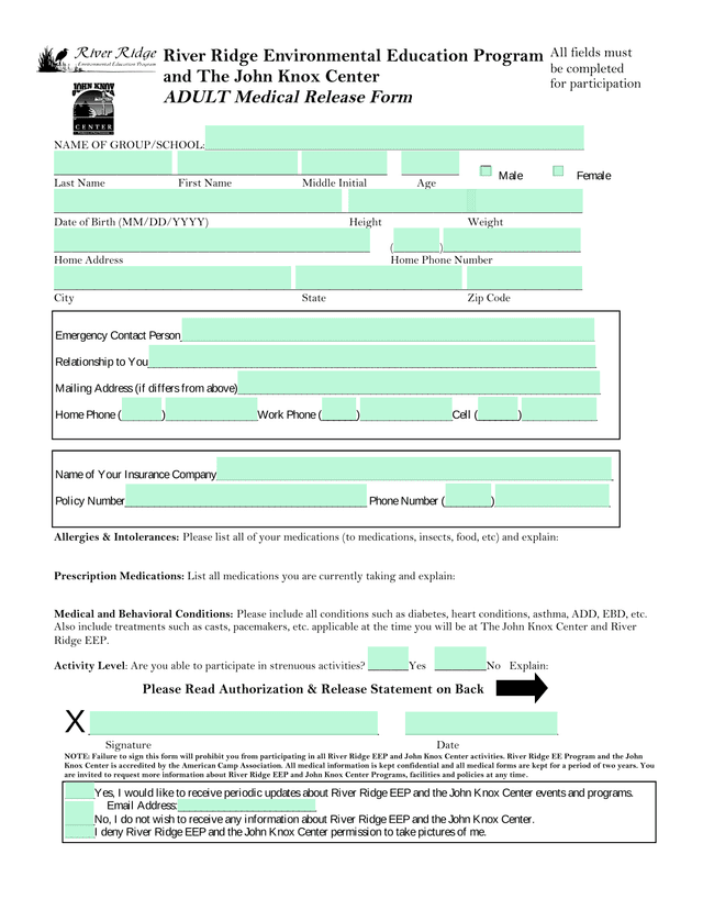 Adult Medical Release Form screenshot