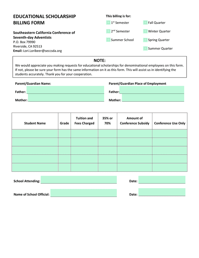 Educational Scholarship Billing Form screenshot