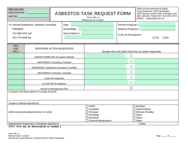 ASBESTOS TASK REQUEST FORM screenshot