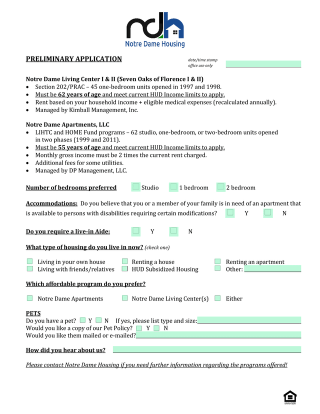 Preliminary Application For Notre Dame Housing screenshot