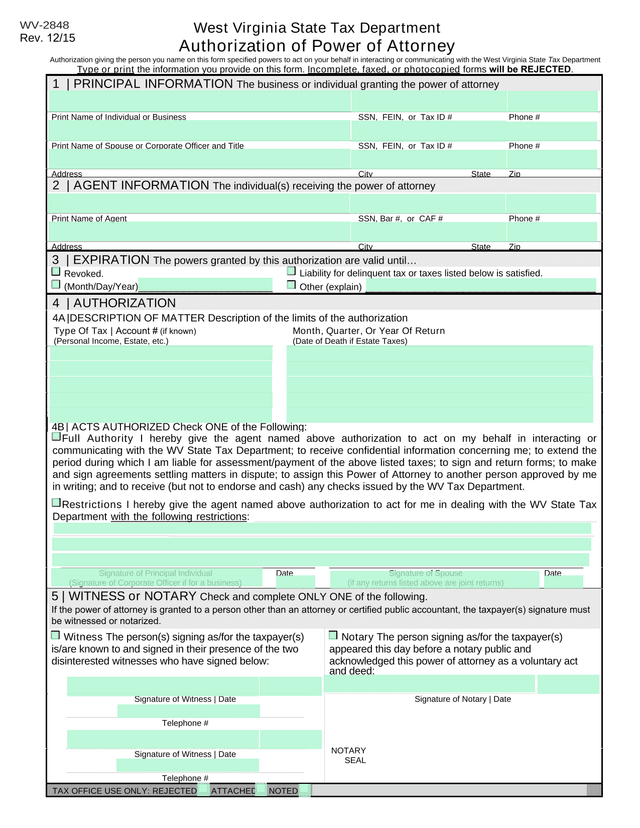 WV 2848 Authorization Of Power Of Attorney screenshot