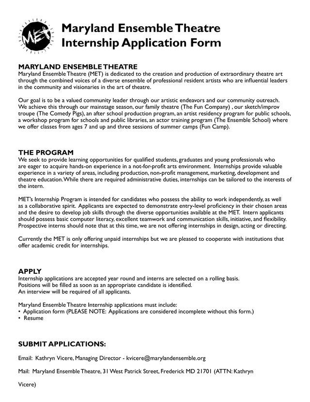 Maryland Ensemble Theatre Internship Application Form screenshot