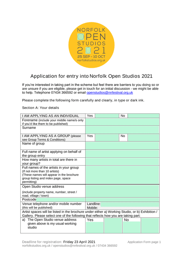 Application For Entry Into Norfolk Open Studios 2021 screenshot