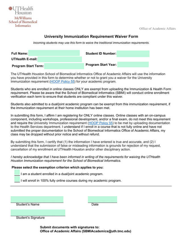 University Immunization Requirement Waiver Form screenshot