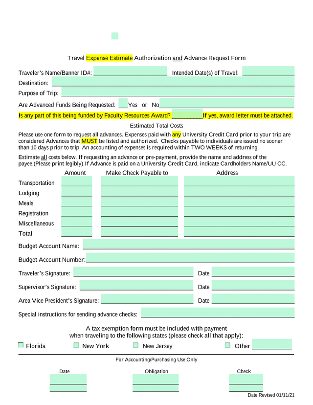 Travel Expense Estimate Authorization And Advance Request Form screenshot