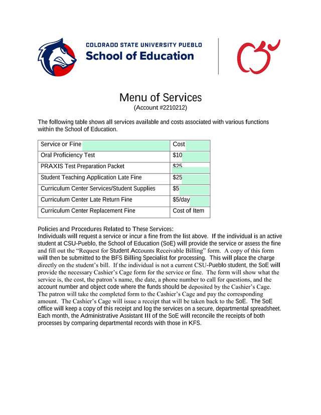 Menu Of Services (Account 2210212) screenshot