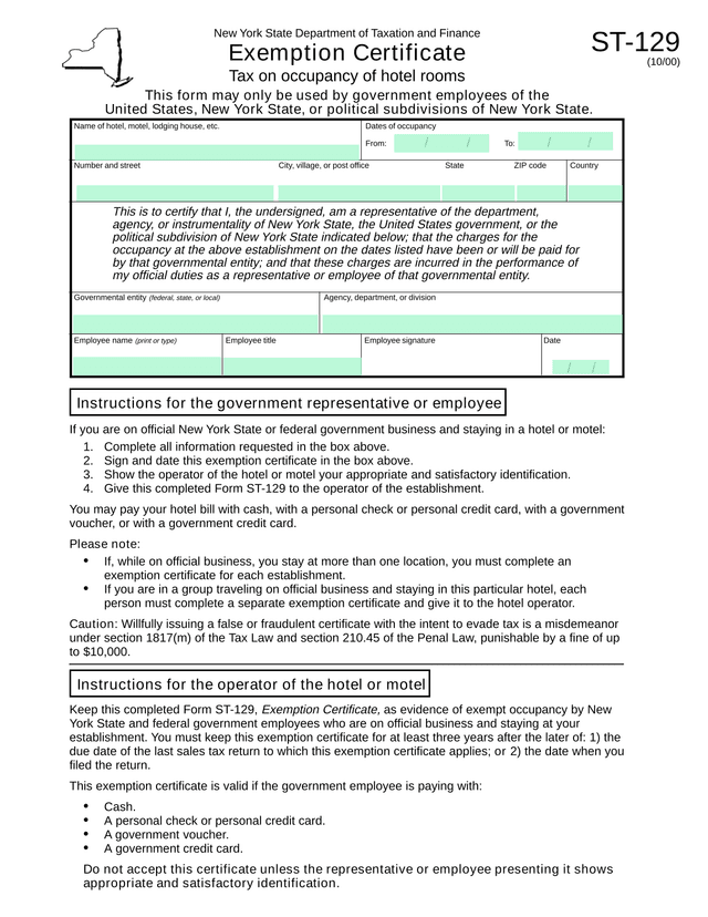 Form ST 129 Exemption Certificate screenshot