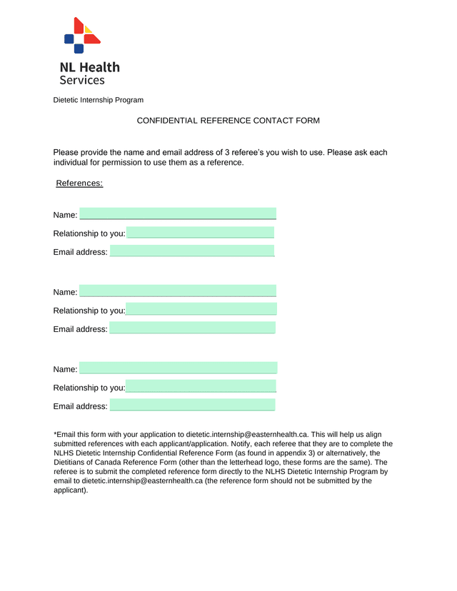 Dietetic Internship Program Confidential Reference Contact Form screenshot