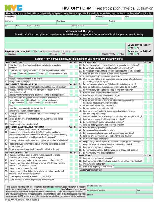 Preparticipation Physical Evaluation History Form screenshot
