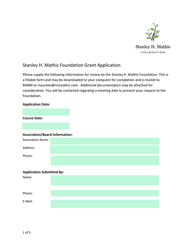 Stanley H. Mathis Foundation Grant Application screenshot