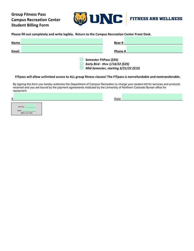 Group Fitness Pass Student Billing Form screenshot