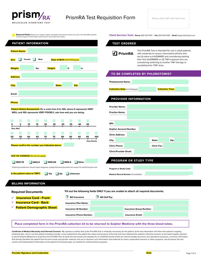 PrismRA Test Requisition Form screenshot