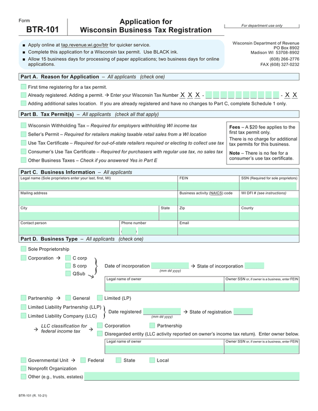 BTR 101 Application For Wisconsin Business Tax Registration screenshot