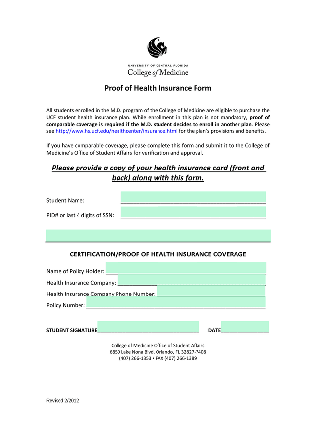 Proof Of Health Insurance Form screenshot