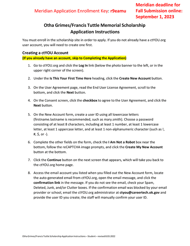 Otha GrimesFrancis Tuttle Scholarship Application Instructions screenshot