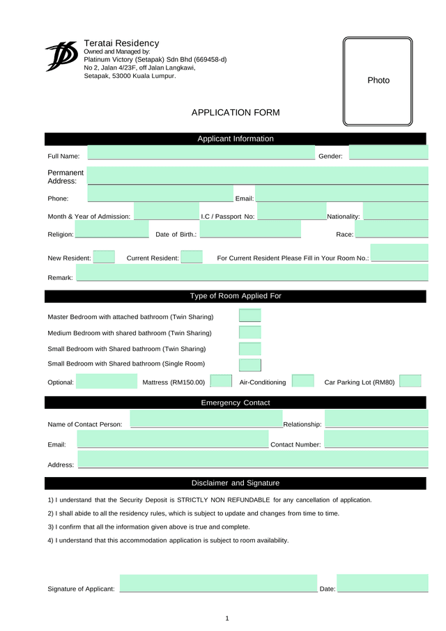 Teratai Residency Application Form screenshot