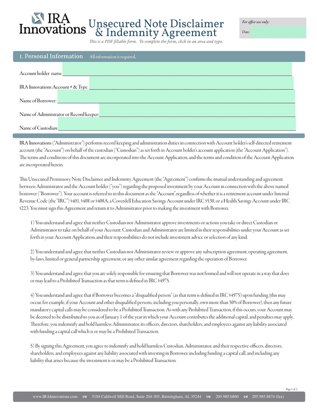 Unsecured Promissory Note Disclaimer And Indemnity Agreement screenshot
