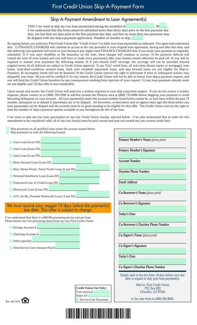 First Credit Union Skip A Payment Form screenshot