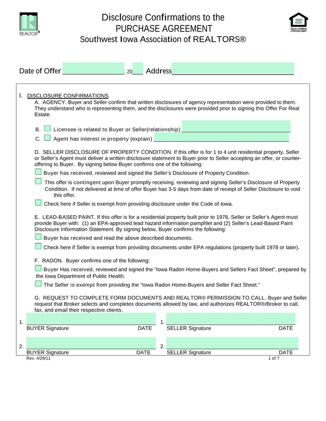 Disclosure Confirmations To The Purchase Agreement screenshot