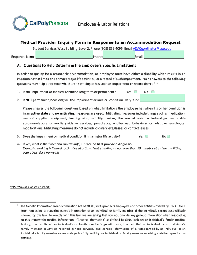 Medical Provider Inquiry Form In Response To An Accommodation Request screenshot