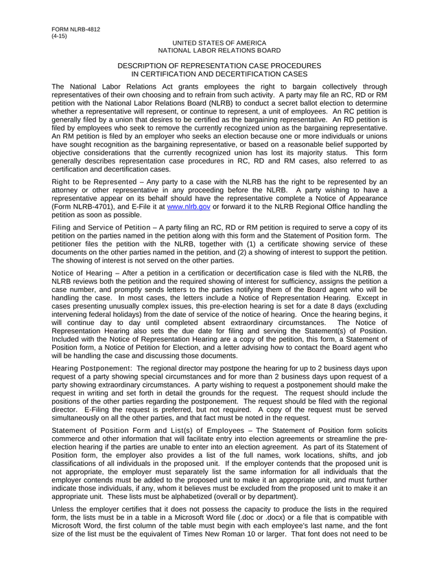 NLRB 4812 Description Of Representation Case Procedures screenshot