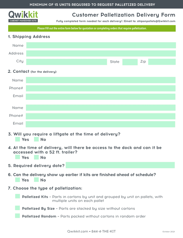 Customer Palletization Delivery Form screenshot