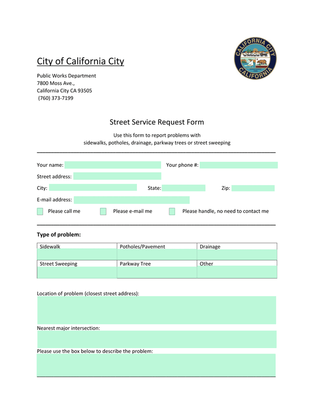 Street Service Request Form screenshot