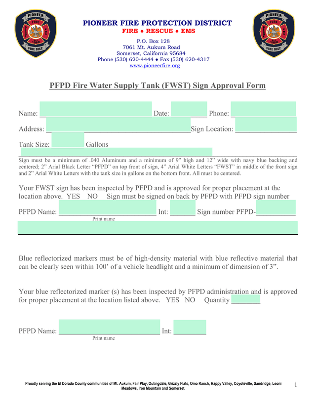 PFPD Fire Water Supply Tank (FWST) Sign Approval Form screenshot
