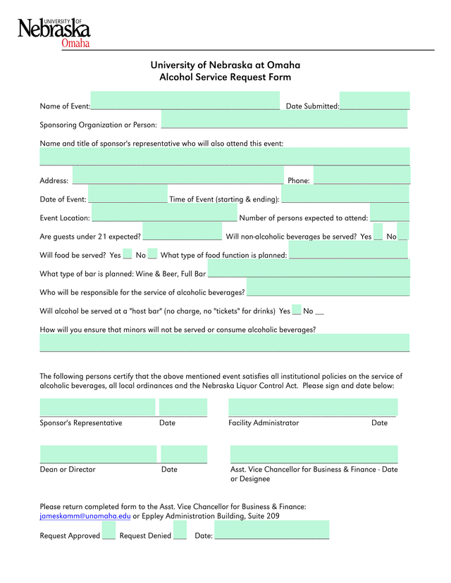 Alcohol Service Request Form screenshot