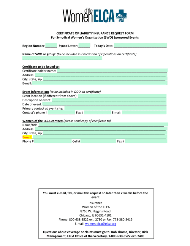 Certificate Of Liability Insurance Request Form screenshot