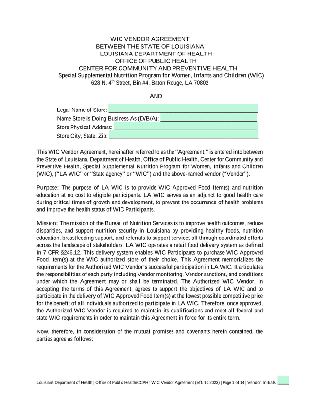 WIC Vendor Agreement screenshot